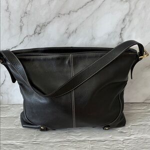 Soprano Black Pebble Leather Crossbody White Topstitching & Gold Tone Hardware